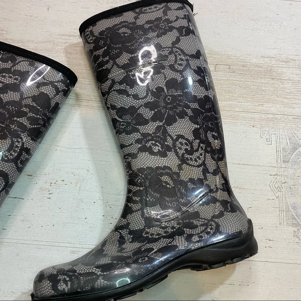 Kamik Black and White Lace Print Rain Boots
